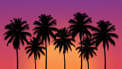 Silhouette of multiple tall palm trees with slender trunks and lush fronds against a vibrant, purple, pink and orange gradient sunset sky.