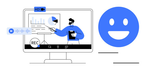 Professional presenting data graphs on screen with recording tools and reaction icon. Ideal for education, webinars, online conferences, remote work, training sessions, video tutorials, simple