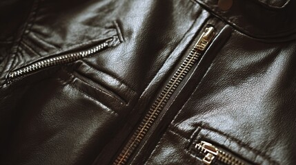 Dark leather jacket close-up with zippers and textured shoulder panel detail