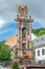 The Plague Column at historical Holy Trinity Square in Banska Stiavnica. Slovakia. Unesco World Heritage Site.