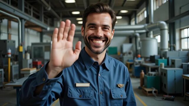 Joyful Labor Day worker waves hello with genuine smile, factory backdrop symbolizing industry and progress, vibrant 4K video footage.
