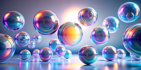 A mesmerizing array of iridescent spheres, each reflecting a spectrum of vibrant colors, creating a captivating abstract composition that evokes a sense of wonder and magic