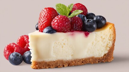 Cheesecake slice topped with assorted berries and mint sprigs on crumbly crust