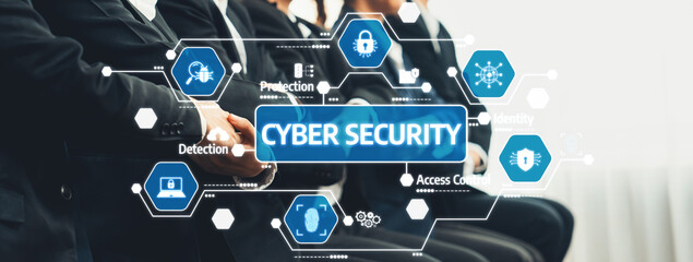 A group of business professionals in suits engaged in a discussion about cyber security concepts, highlighted by digital interface elements representing various protective measures. Amity