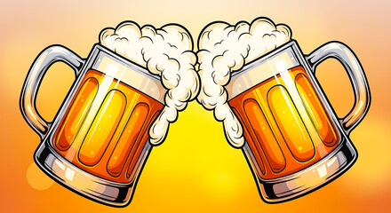 Two mugs of beer clinking together in a toast with frothy foam