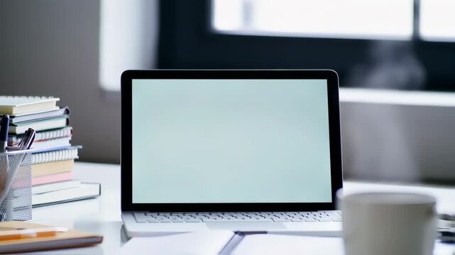 Laptop on a desk with books and a cup
