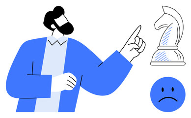 Man pointing towards chess knight next to sad face symbolizes decision-making, strategy, failure, and analysis. Ideal for leadership, problem-solving, critical thinking, guidance, strategic planning