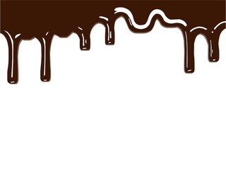 Dripping chocolate sauce border frame isolated on white background. Melted cocoa drops flowing down. Food design element for dessert menu, bakery logo, sweet treat advertisement. Vector illustration