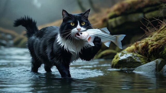 video of Large black-and-white cat with sleek fur and bright eyes emerges from a misty river, carrying a striped silver fish, paws wet, fur glistening, exuding triumph on the rocky riverbank.