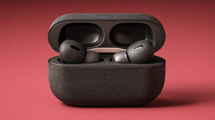 Earbuds sit in a case, the case being open, all on a red backdrop