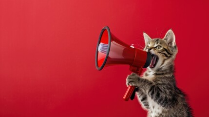 Fototapeta premium Funny Cat with Megaphone: Humorous Pet Advertising Concept for Promotion