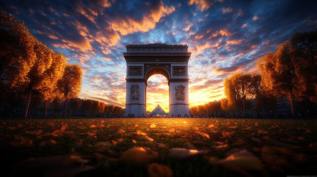 Iconic Paris Arc de Triomphe monument du vibrant sunset with colorful sky and autumn foliage