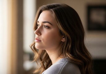 Young woman gazing out window