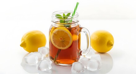 Fototapeta premium Refreshing iced tea with lemon and mint in a mason jar