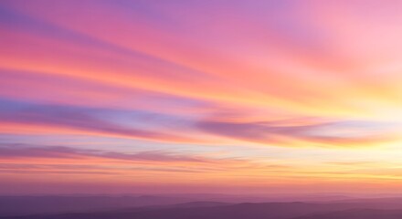 Surreal vibrant sunset with pink and purple clouds across the horizon, dreamy pastel landscape sky background