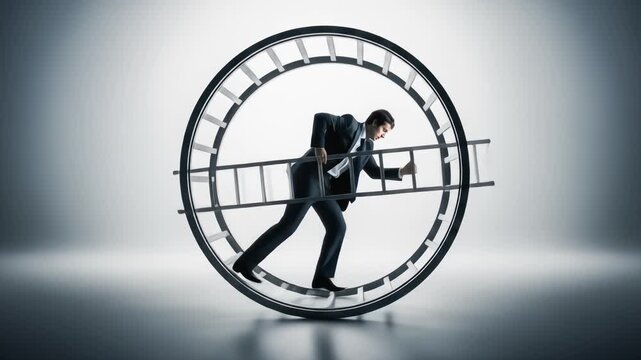 A businessman runs in a hamster wheel while trying to climb a ladder, symbolizing the futile corporate rat race