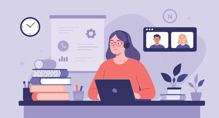 Flat Illustration Woman Working From Home With Laptop Concept Art