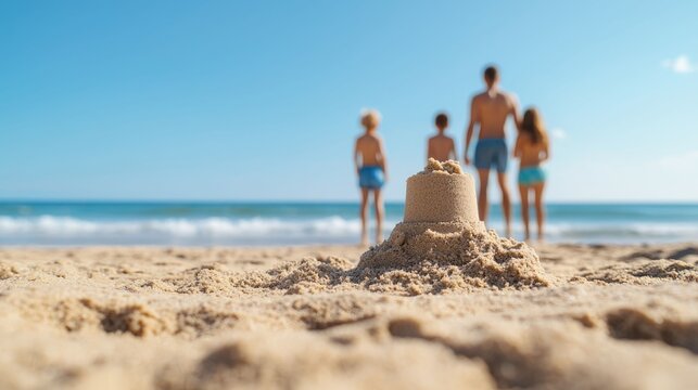 A happy family enjoying a fun filled day at the beach building sandcastles and playing in the surf under the sunny sky  Carefree moments of leisure adventure and time together - Powered by Adobe