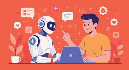 Flat Illustration Young Man and Robot Chatting with Laptop Technology