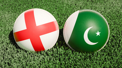 Two cricket balls featuring the flags of England and Pakistan, on a grassy field