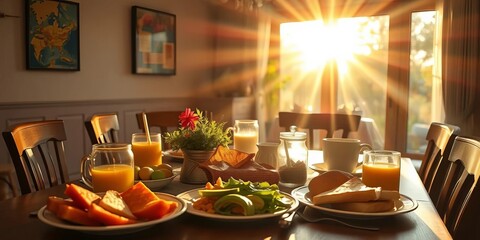 Fototapeta premium Warm morning sunlight streams onto a table laden with breakfast food, healthy eating, home-cooked