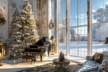 Elegant winter wonderland with grand piano and Christmas tree in luxurious setting overlooking snowy landscape