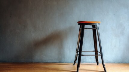 Naklejka premium Wooden stool stands alone before textured grey wall, casting soft shadow