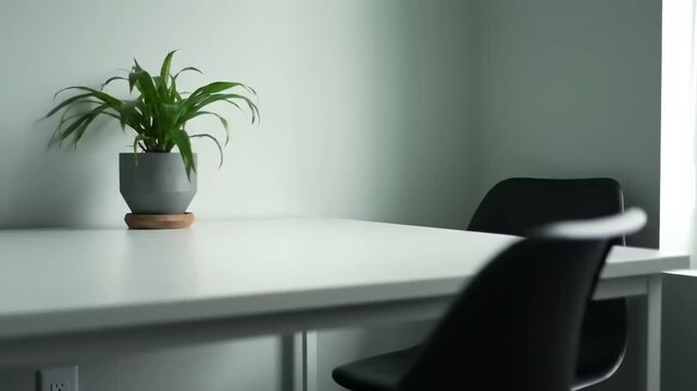 Minimalist interior of a modern workspace featuring a plant and empty chair at a white table
