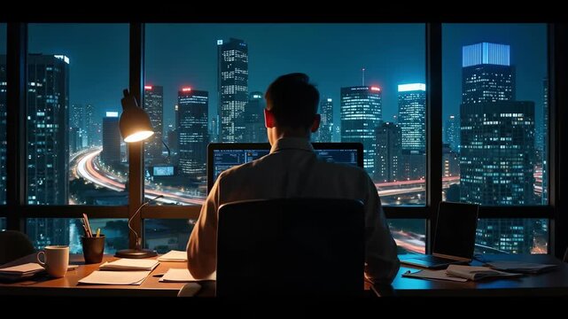Captivating city lights at night unfold as a solitary office worker fuels late-night productivity, showcasing urban ambition.