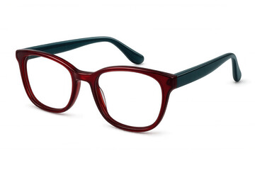 Red and teal eyeglasses with a modern design are shown against a transparent background, perfect for showcasing eyewear or vision correction