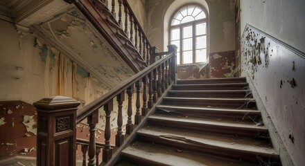 Obraz premium Abandoned wooden staircase in a crumbling mansion