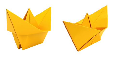 3D Plastic Style Yellow Origami Paper Boats Isolated on Transparent Background Representing Water Transportation and Playful Art