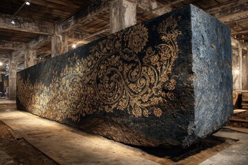Fototapeta premium Ornate Gold Floral Design on Massive Stone Block in Industrial Setting