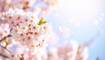 Beautiful spring cherry blossom flowers blooming with sun flare and bokeh.