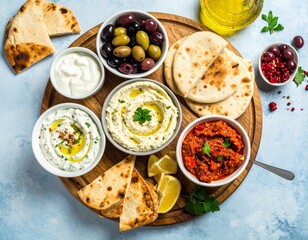 Greek Meze Platter &ndash; Assortment of Dips and Olives
