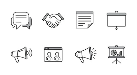 Business Meeting and Communication Icons Set.