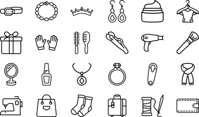Collection of fashion and accessory icons in outline style belt necklace