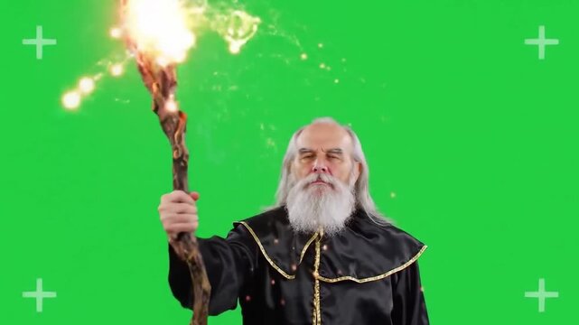 A wizard with a long white beard holds a sparkling magic wand against a green screen background for animasi or green screen effect.