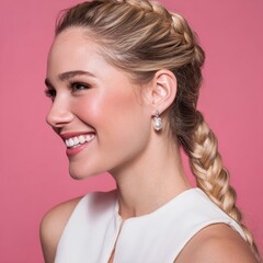 Obraz premium A modern bridal look shines as a young woman in a sleek white dress and sparkling accessories poses against a romantic pink backdrop.