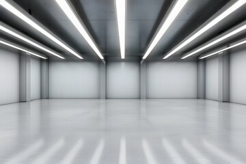 Industrial design project empty hall with led lights on top, grey walls and glossy concrete floor. 3D rendering, mock up