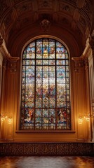 Obraz premium Ornate Stained Glass Window in Grand Hall with Intricate Woodwork and Sconces