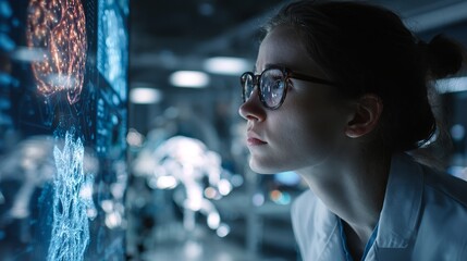 Close-up of a focused young Caucasian female scientist analyzing digital data projections in a high-tech laboratory.