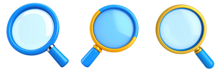 3D Plastic Style Magnifying Glass Icons On Transparent Background