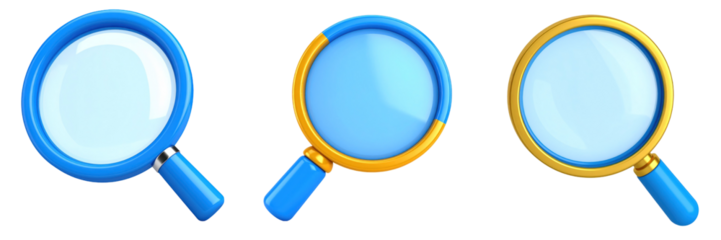3D Plastic Style Magnifying Glass Icons On Transparent Background
