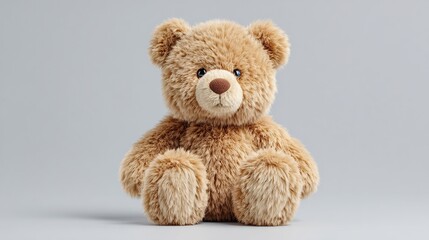 Obraz premium Soft plush brown teddy bear sits upright against a simple gray background
