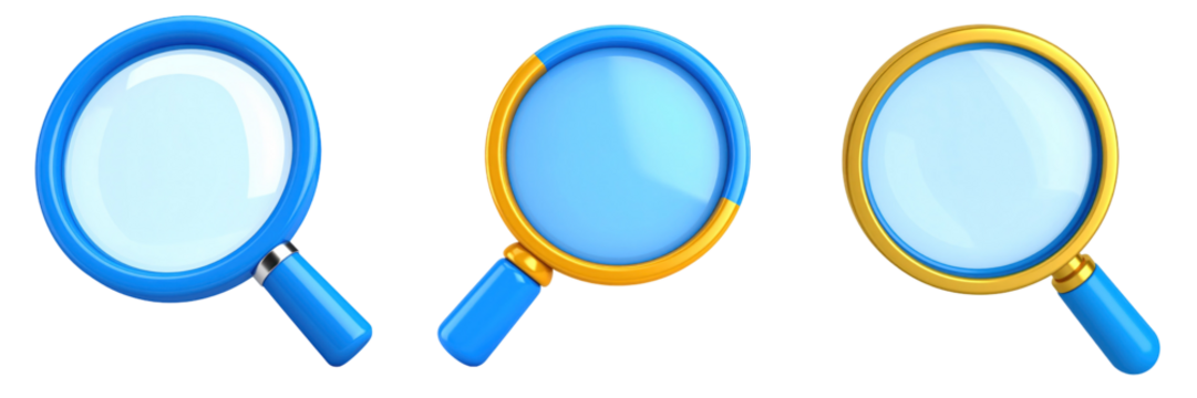 3D Plastic Style Magnifying Glass Icons On Transparent Background - Powered by Adobe
