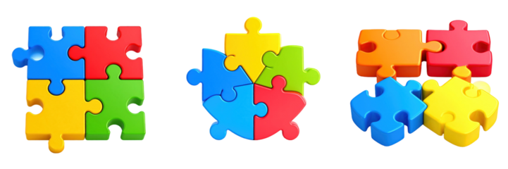 3D Plastic Style Colorful Puzzle Pieces Arranged In Various Configurations Isolated On Transparent Background