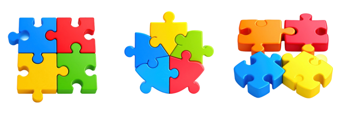 3D Plastic Style Colorful Puzzle Pieces Arranged In Various Configurations Isolated On Transparent Background - Powered by Adobe