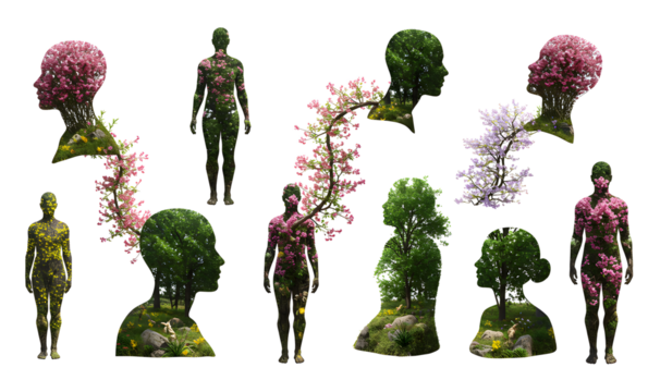young man in the forest
Double Exposure Nature Human Silhouettes – Botanical Mind and Body Concept Art
