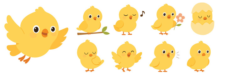 Cute yellow baby chicks in various poses. Hand Drawn Vector Art